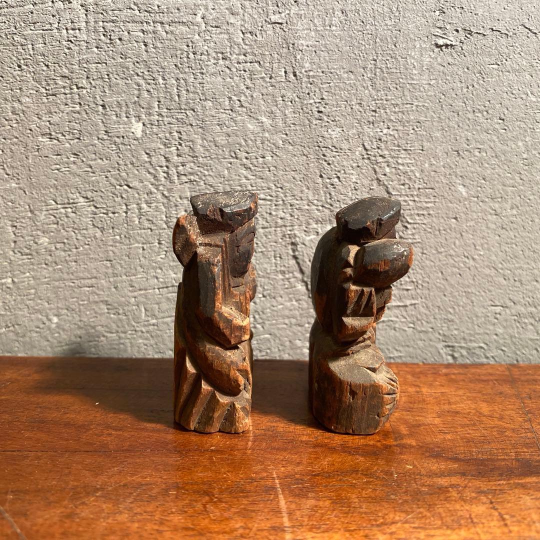 時代物 明治 大黒天 恵比寿 木彫置物 骨董品 コレクション 5.5cm