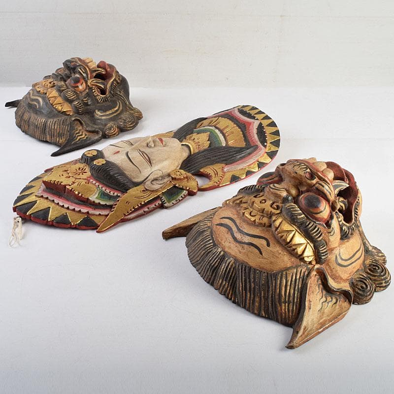 バリ島　インドネシア　彩色木彫　面　マスク　3点まとめて　N　R9428B