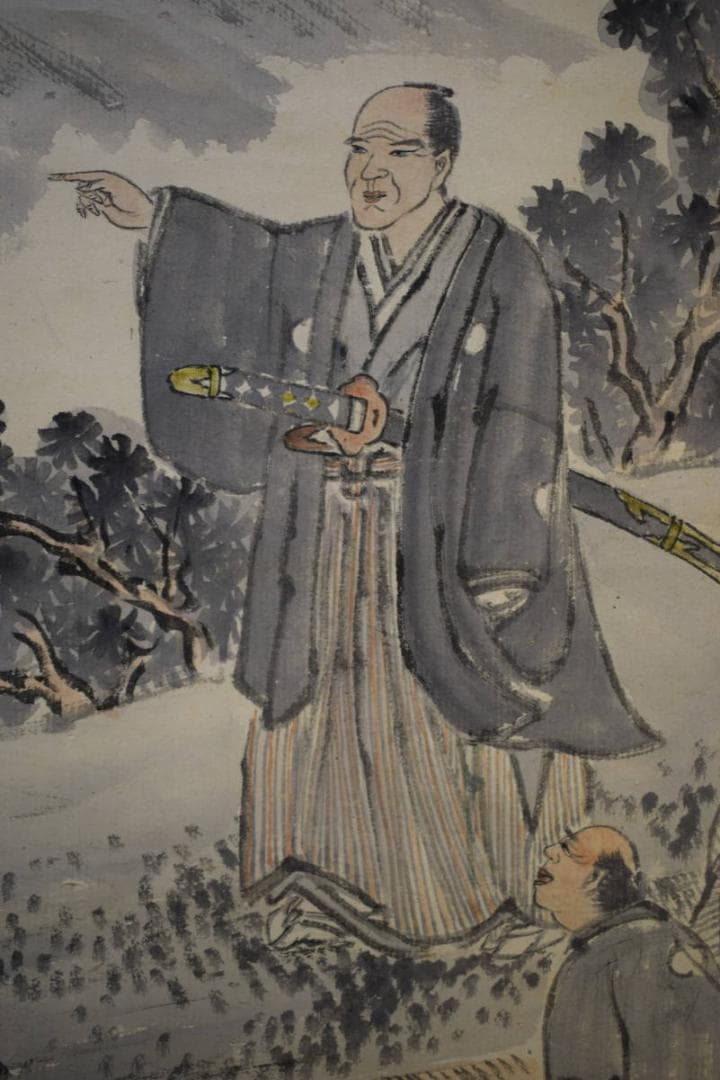 真作/叟山/菅田大池修築之絵/武士絵/布袋屋掛軸HH-889