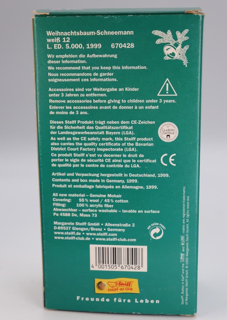 コレクション Steiff 1999 CHRISTMAS-TREE MAN WHITE