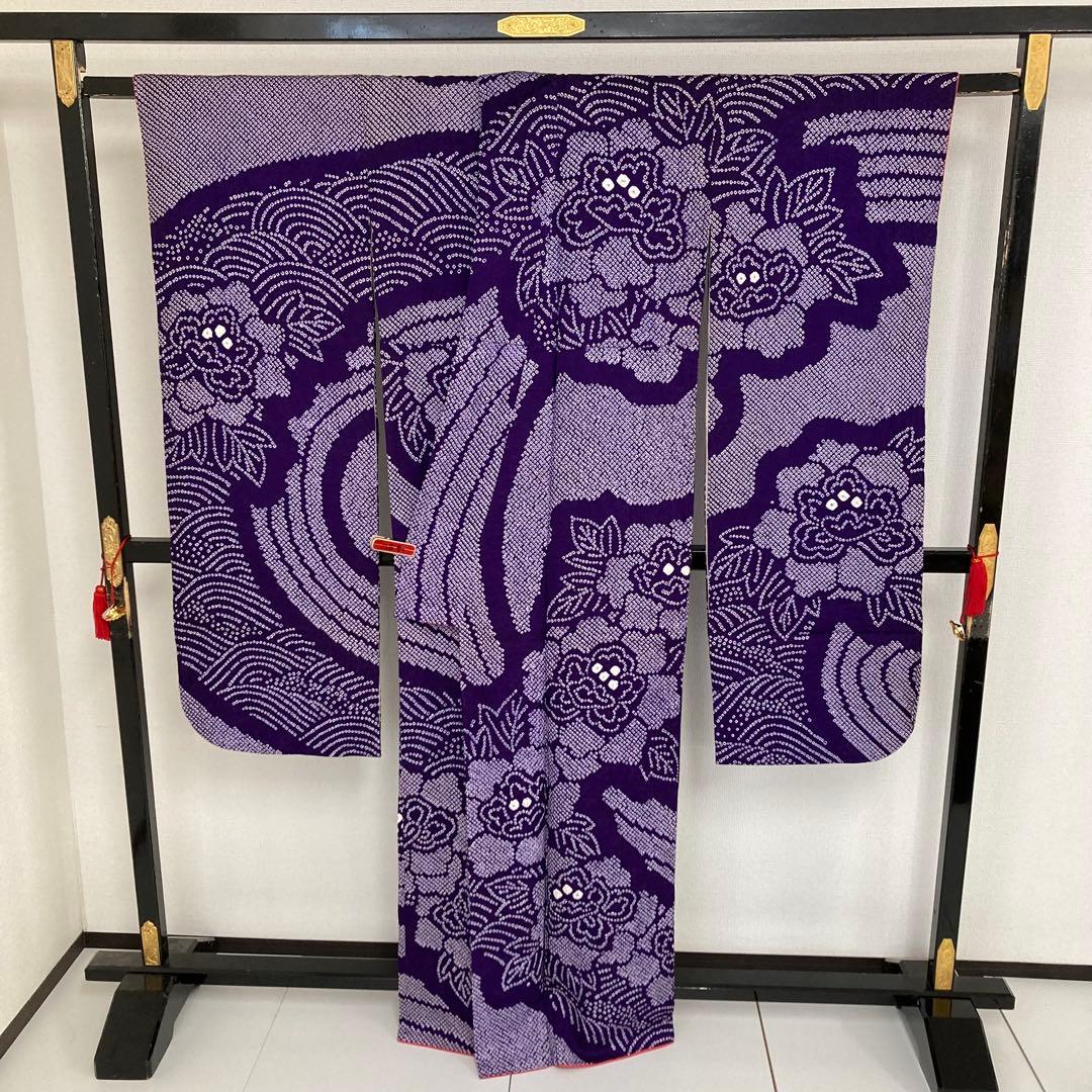 たべたいこ様 振袖 総絞り 鹿子絞り 紫単色 裄68 素敵なデザインT-5076