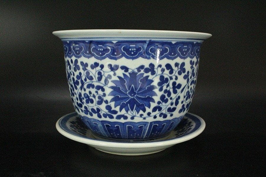 中国美術 青花 纏枝蓮花紋 花盆 盆盤 景徳鎮製 款 N813