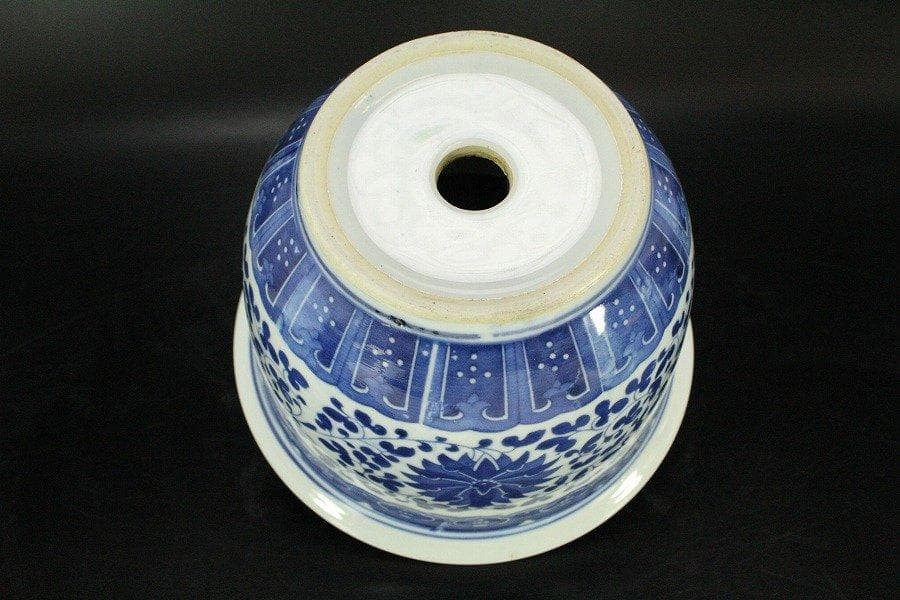 中国美術 青花 纏枝蓮花紋 花盆 盆盤 景徳鎮製 款 N813