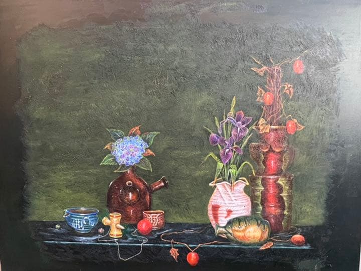 油絵　静物画　壺