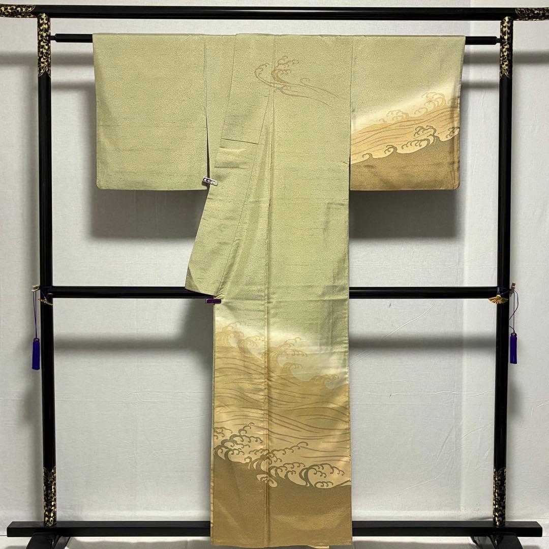 D38 訪問着 牛首紬 荒波 正絹 着物 袷 極美品