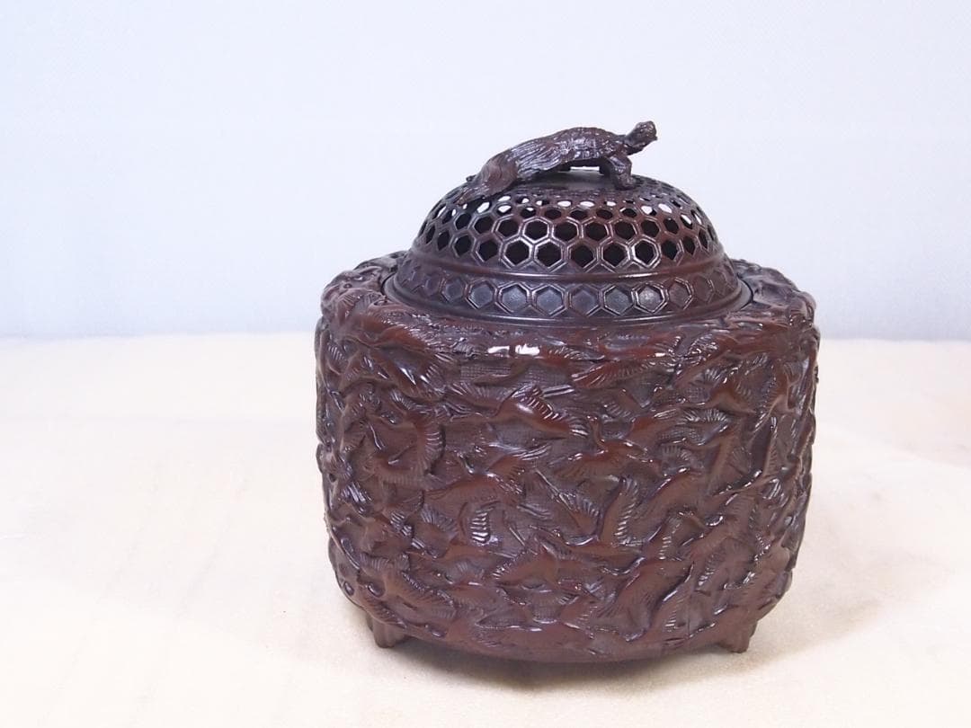 【未使用】高岡銅器 佐野宏采 華鶴 紋様香炉 彫金/繊細/鶴亀 茶道具/香道具