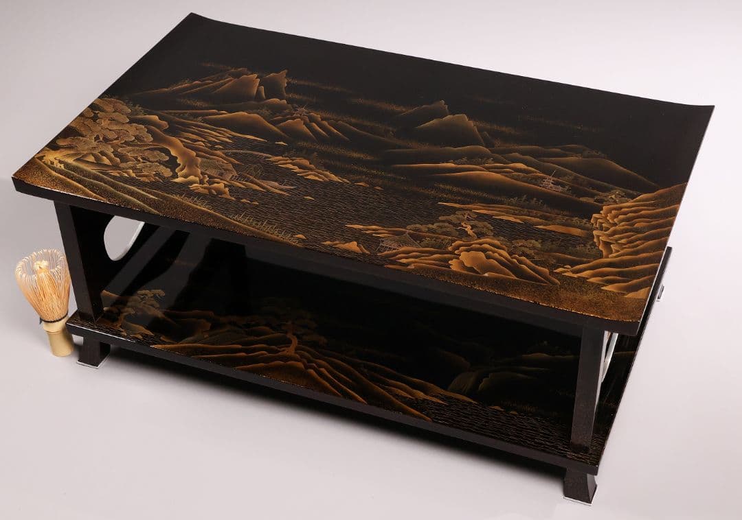 【MA771】蒔絵師 久世宗春 研出山水蒔絵 上手 冠卓 二段卓 共箱 木製