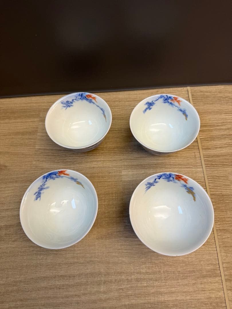 1522 深川製磁　染付紅葉　湯呑4客　時代物