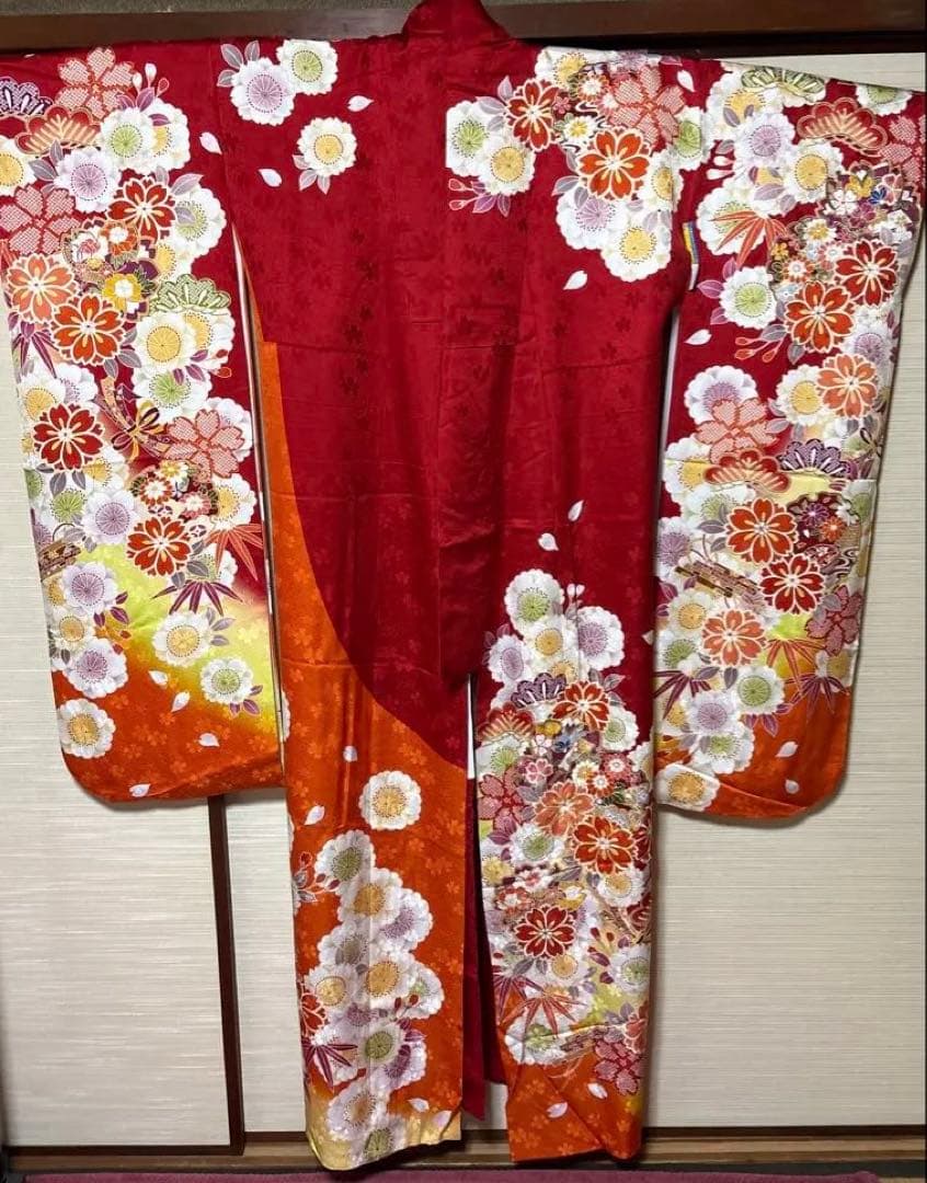 マトマト 赤×オレンジ 吉祥花々 振袖 身丈157