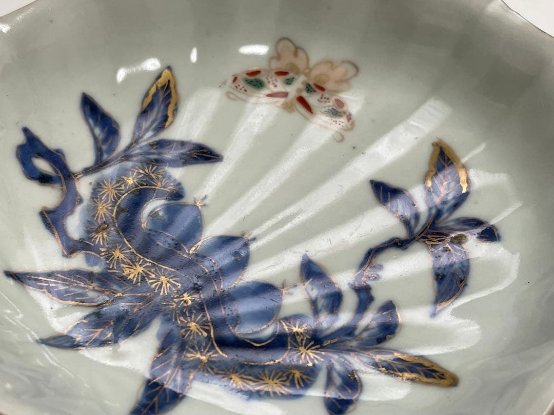 古伊万里　骨董　色絵　金彩　栗に蝶々の図　秋　輪花縁　なます皿　膾皿