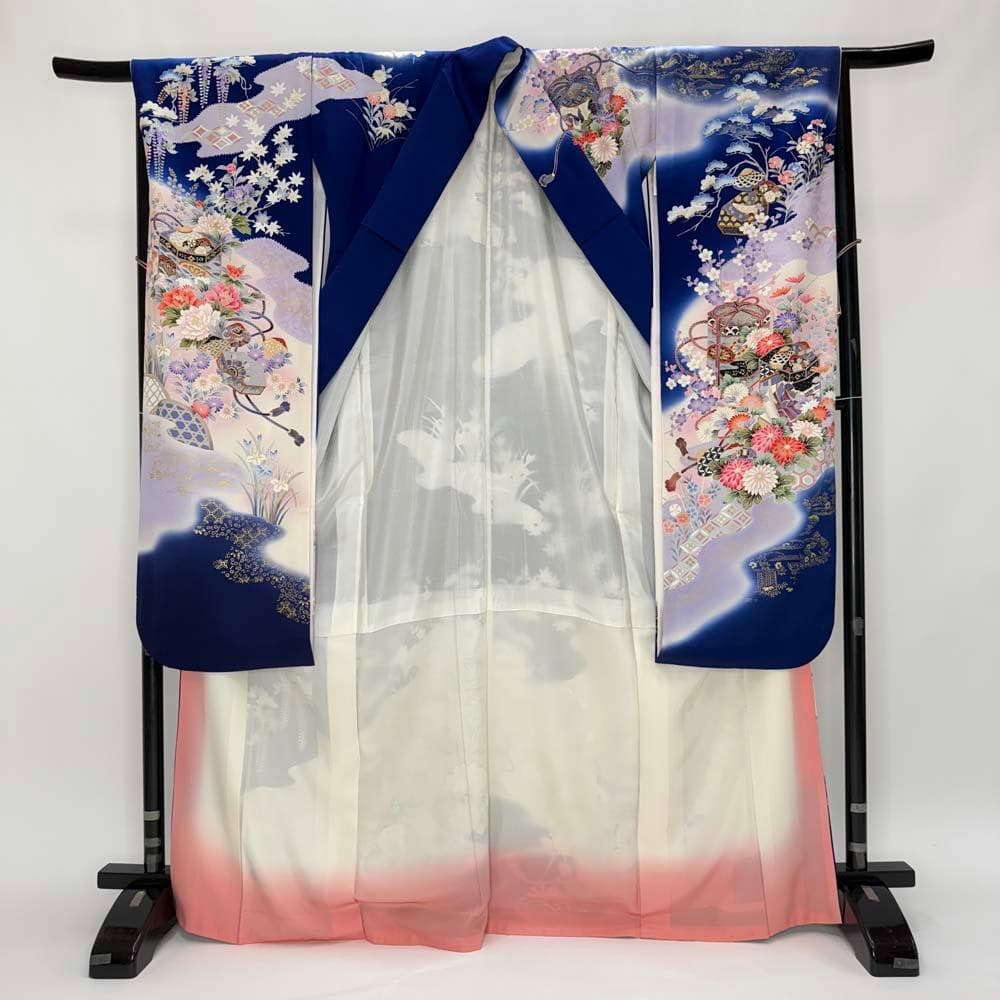 振袖 正絹 青 白 古典花柄 裄70㎝ 成人式 中古 b-66