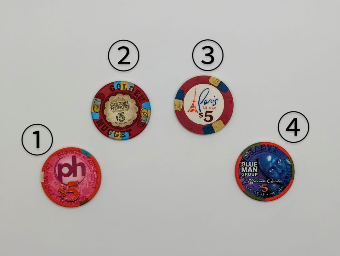 米国ラスベガス　カジノ　５ドルチップコレクション 4種【α】