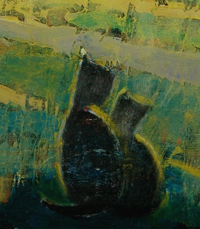 油絵 菅家令子 絵 絵画インテリア額付(黒)uF6-070919 夕朝陽 猫親子