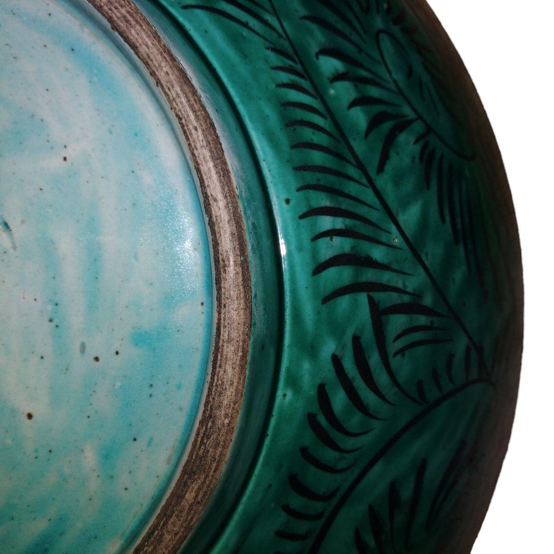 青手九谷焼　角福　双鳥桜椿文飾皿　直径37cm