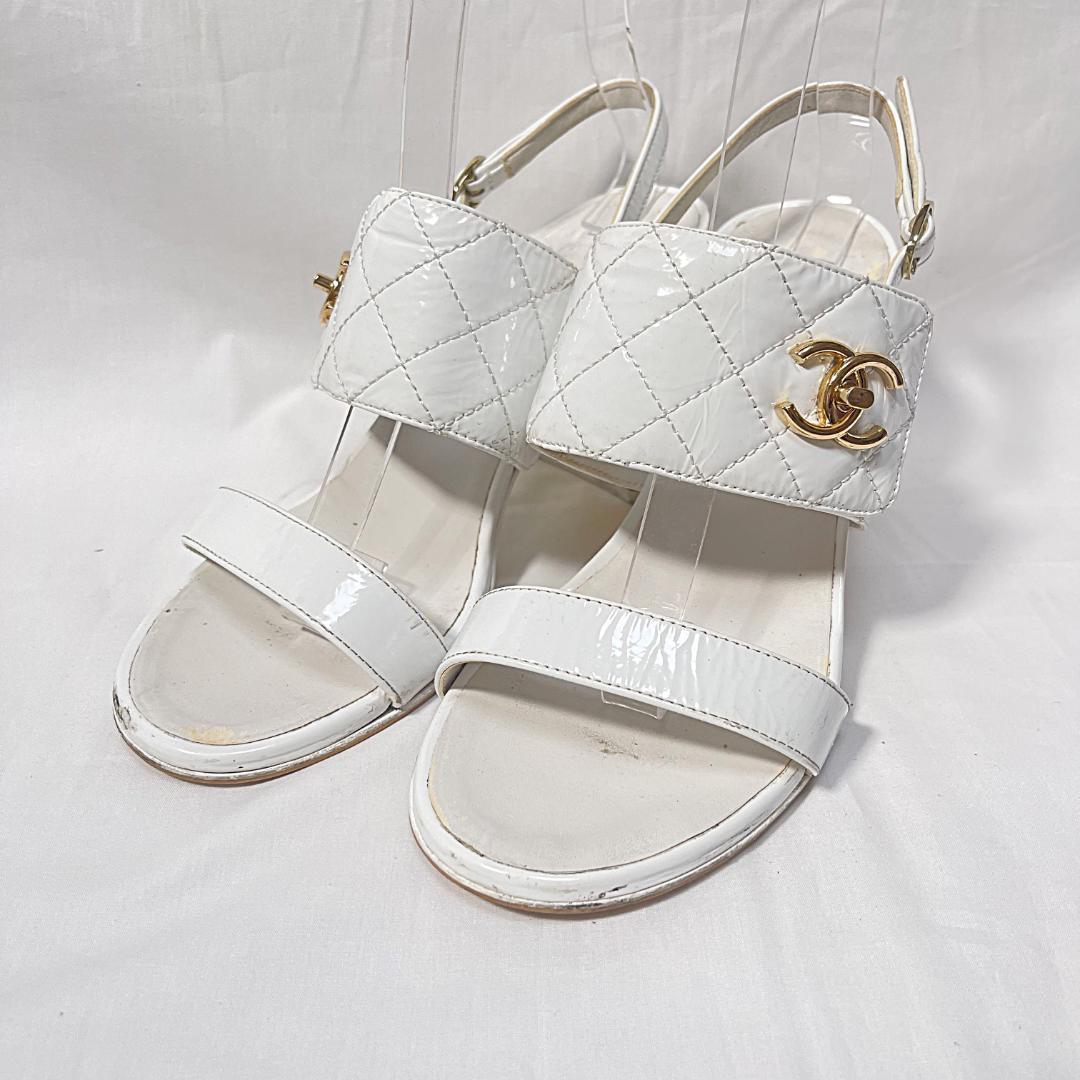CHANEL シャネル パテント ココマーク サンダル ホワイト 37 1/2
