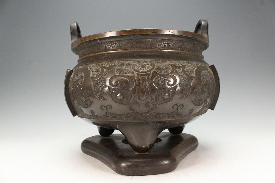 古銅 饕餮紋 双耳 円形 瓶掛(K-LC698)