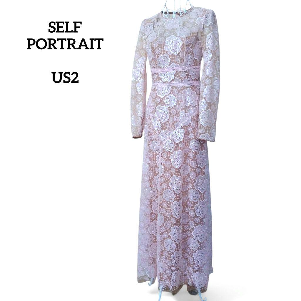 セルフポートレイト ローズレース スパンコール ドレス ピンク UK6/US2