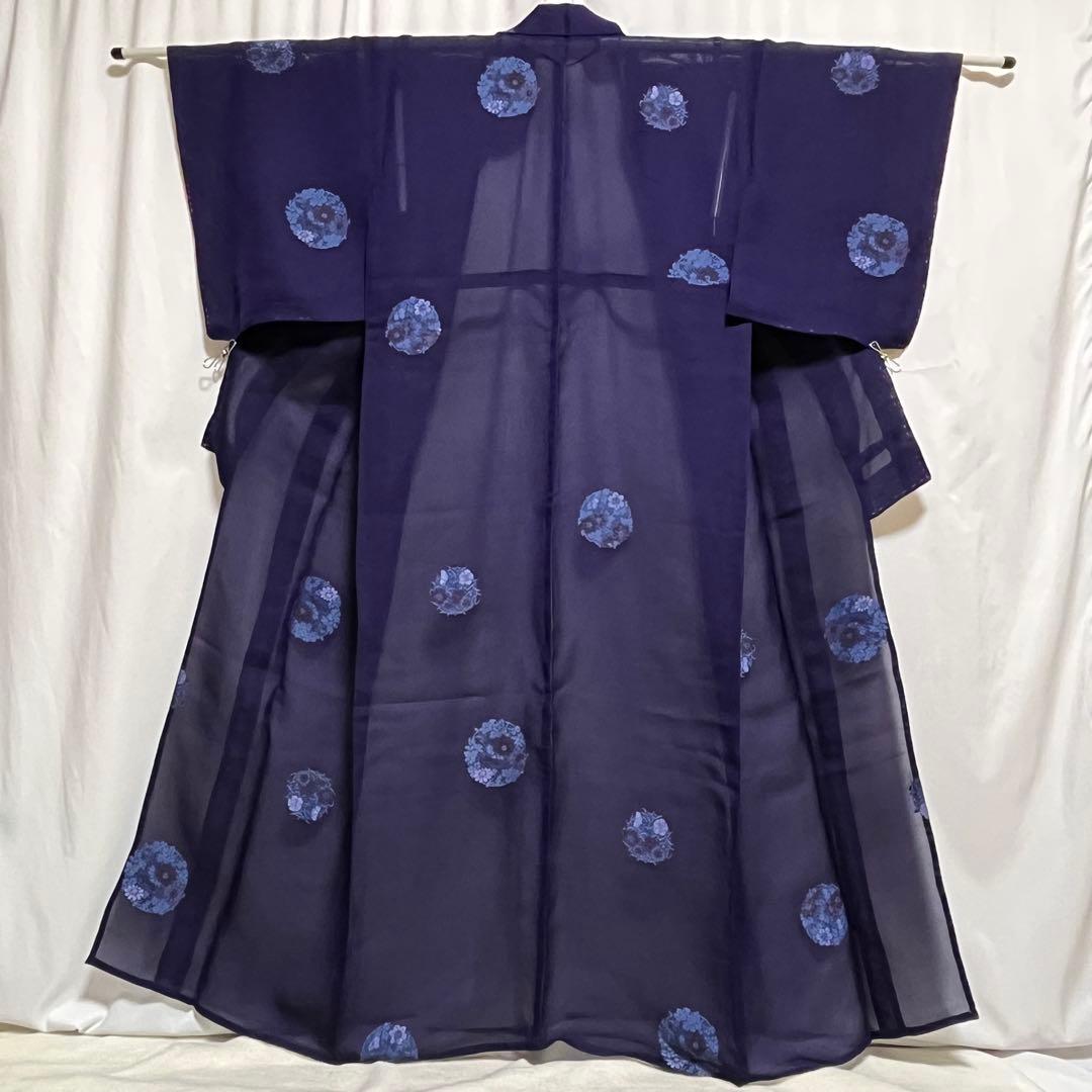 美品 着物 正絹 絽 夏物 単衣 小紋 刺繍 花丸紋 花柄 青 紫系 しつけ有