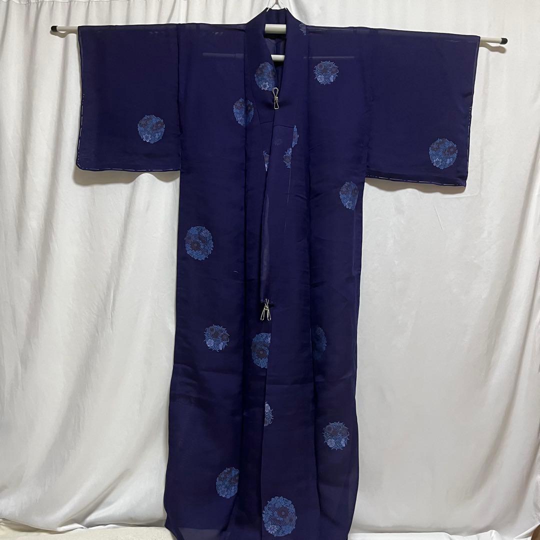 美品 着物 正絹 絽 夏物 単衣 小紋 刺繍 花丸紋 花柄 青 紫系 しつけ有