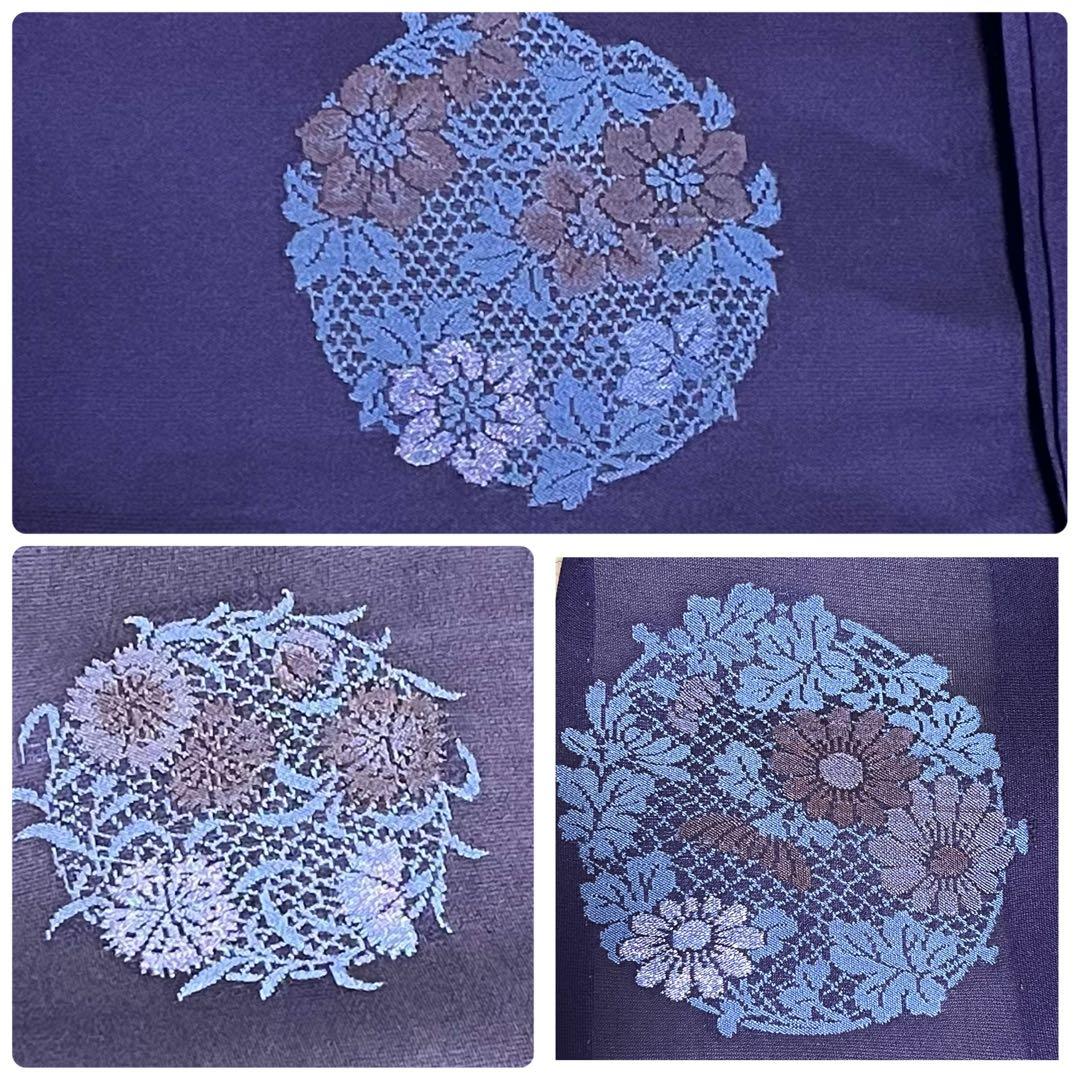 美品 着物 正絹 絽 夏物 単衣 小紋 刺繍 花丸紋 花柄 青 紫系 しつけ有