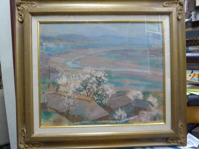 鳥取県生れの物故画家 香田勝太の晩年の風景画 ／杏花の村／サイン、作品票あり