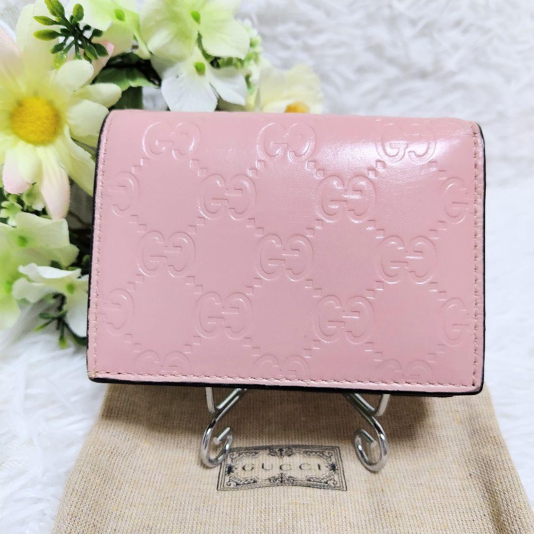 レア美品✨グッチ◇アニマリエキャット二つ折り財布　ゴールド金具シマピンク