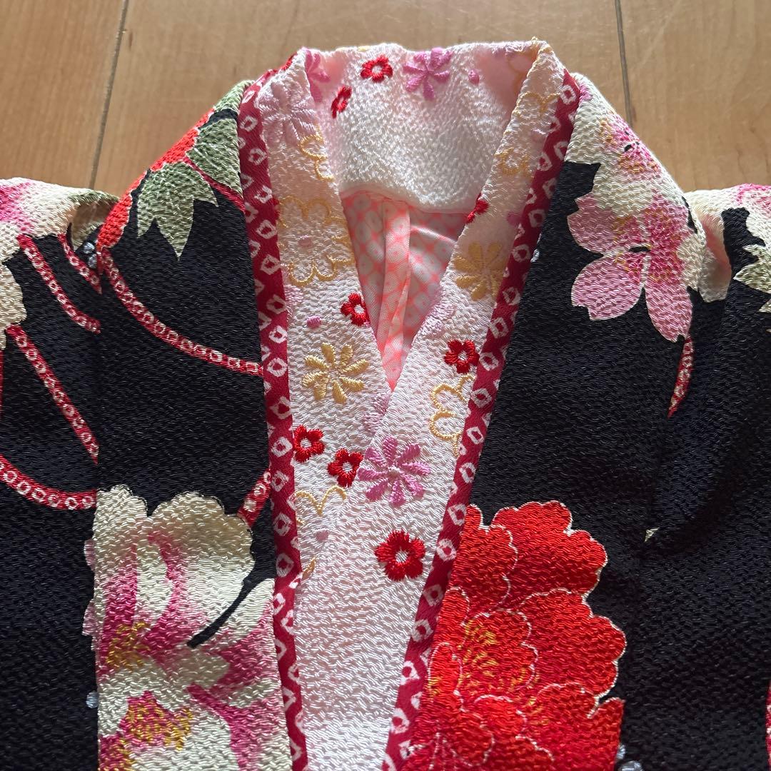 96 ジャパンスタイル 黒ちりめん×牡丹　7歳 七五三着物セット　和装小物　袋帯