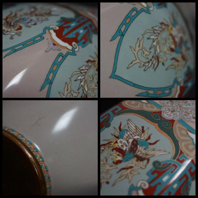 明治期 尾張七宝 銀線象嵌『龍鳳唐草紋』大型飾壺(一対) 面取花瓶