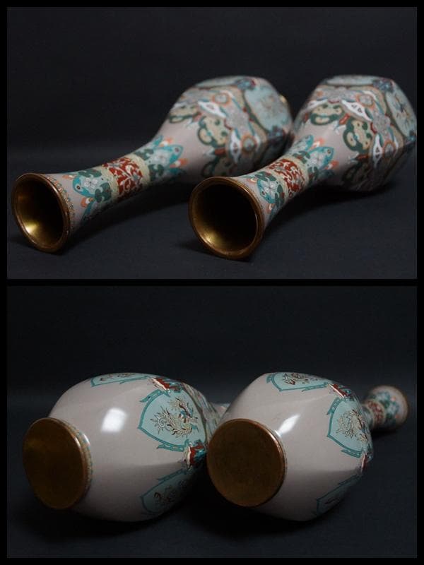 明治期 尾張七宝 銀線象嵌『龍鳳唐草紋』大型飾壺(一対) 面取花瓶