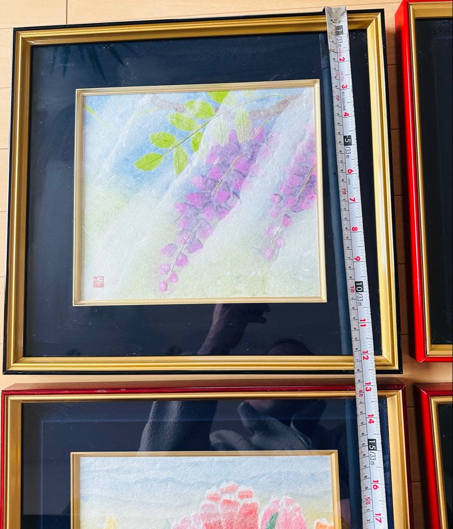 人間国宝，山内一生（作）和紙工芸4枚セット額装 皇太子殿下行啓の栄を賜った名匠：