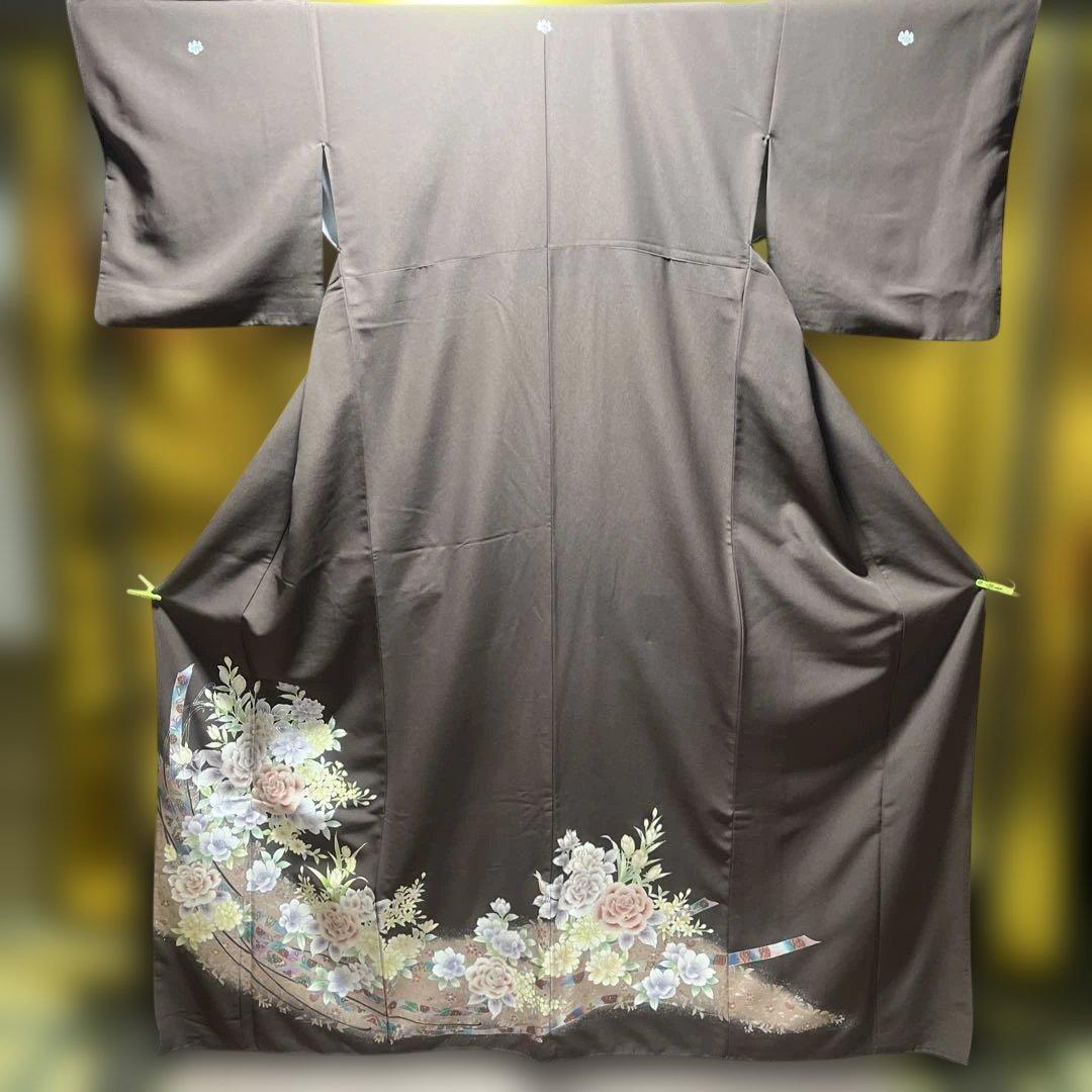 留袖　色留袖　金彩友禅　五つ紋　ポリエステル　茶色　長襦袢付