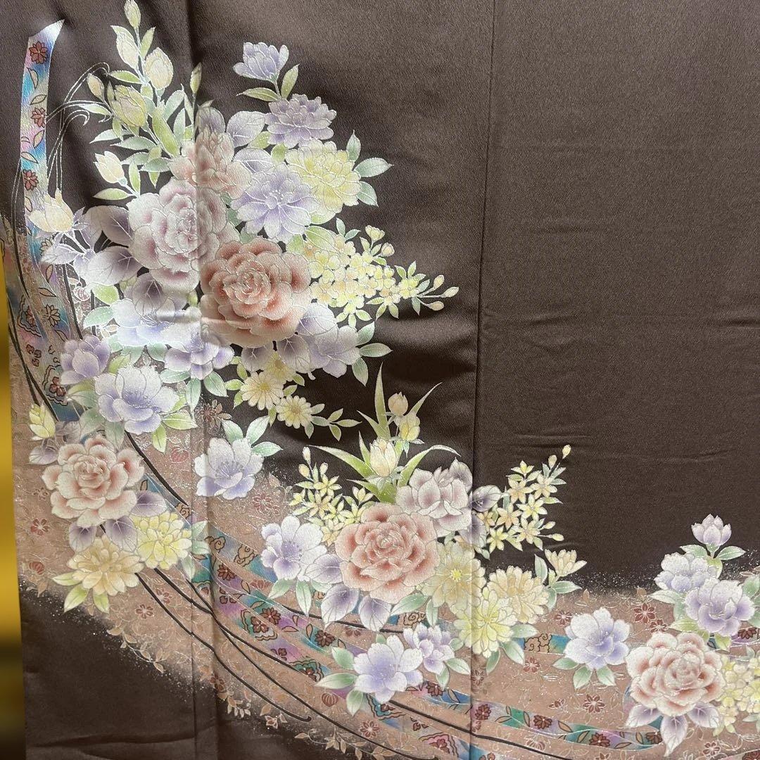 留袖　色留袖　金彩友禅　五つ紋　ポリエステル　茶色　長襦袢付