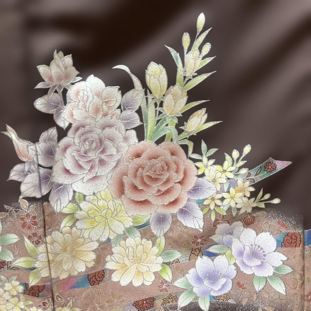 留袖　色留袖　金彩友禅　五つ紋　ポリエステル　茶色　長襦袢付