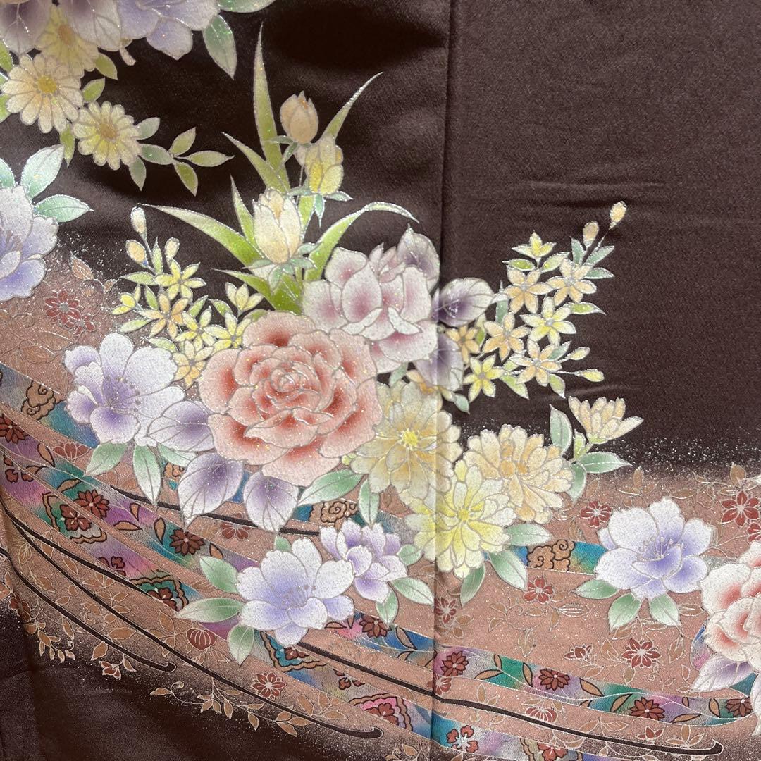 留袖　色留袖　金彩友禅　五つ紋　ポリエステル　茶色　長襦袢付