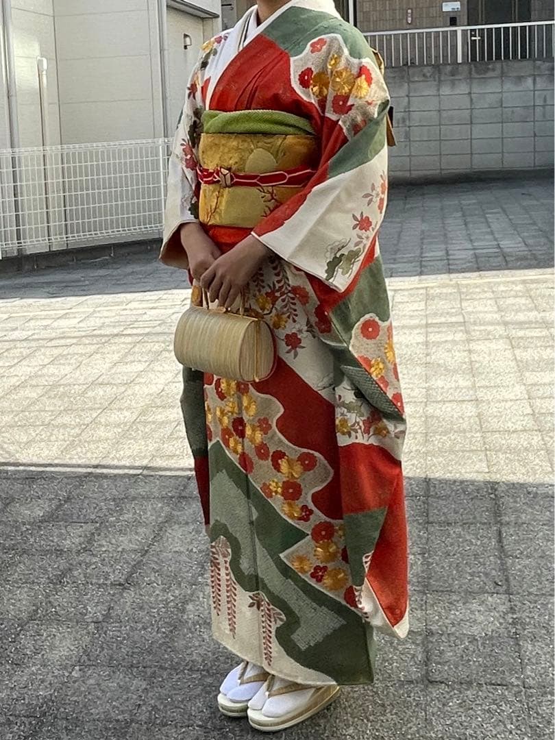 正絹　振袖　長襦袢　袋帯3点セット　古典柄　白系