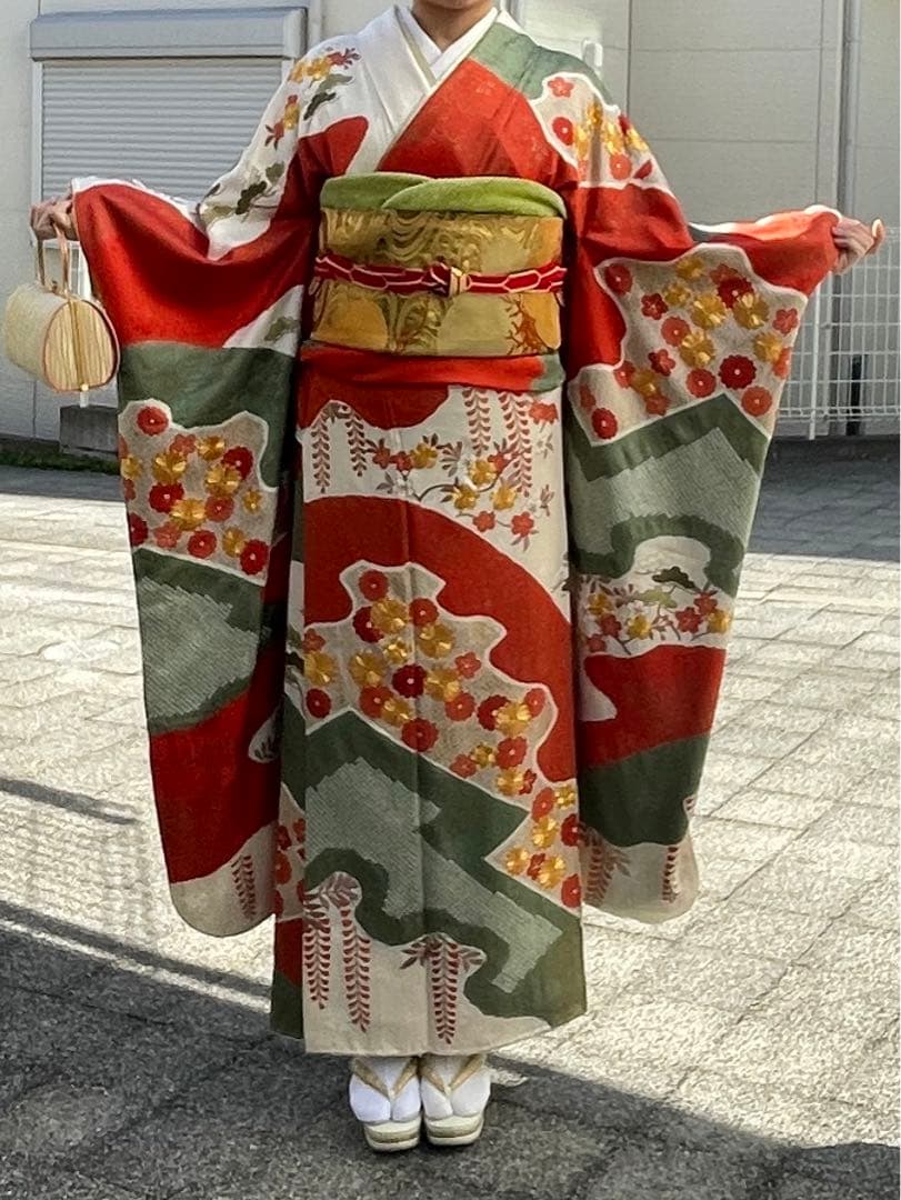 正絹　振袖　長襦袢　袋帯3点セット　古典柄　白系