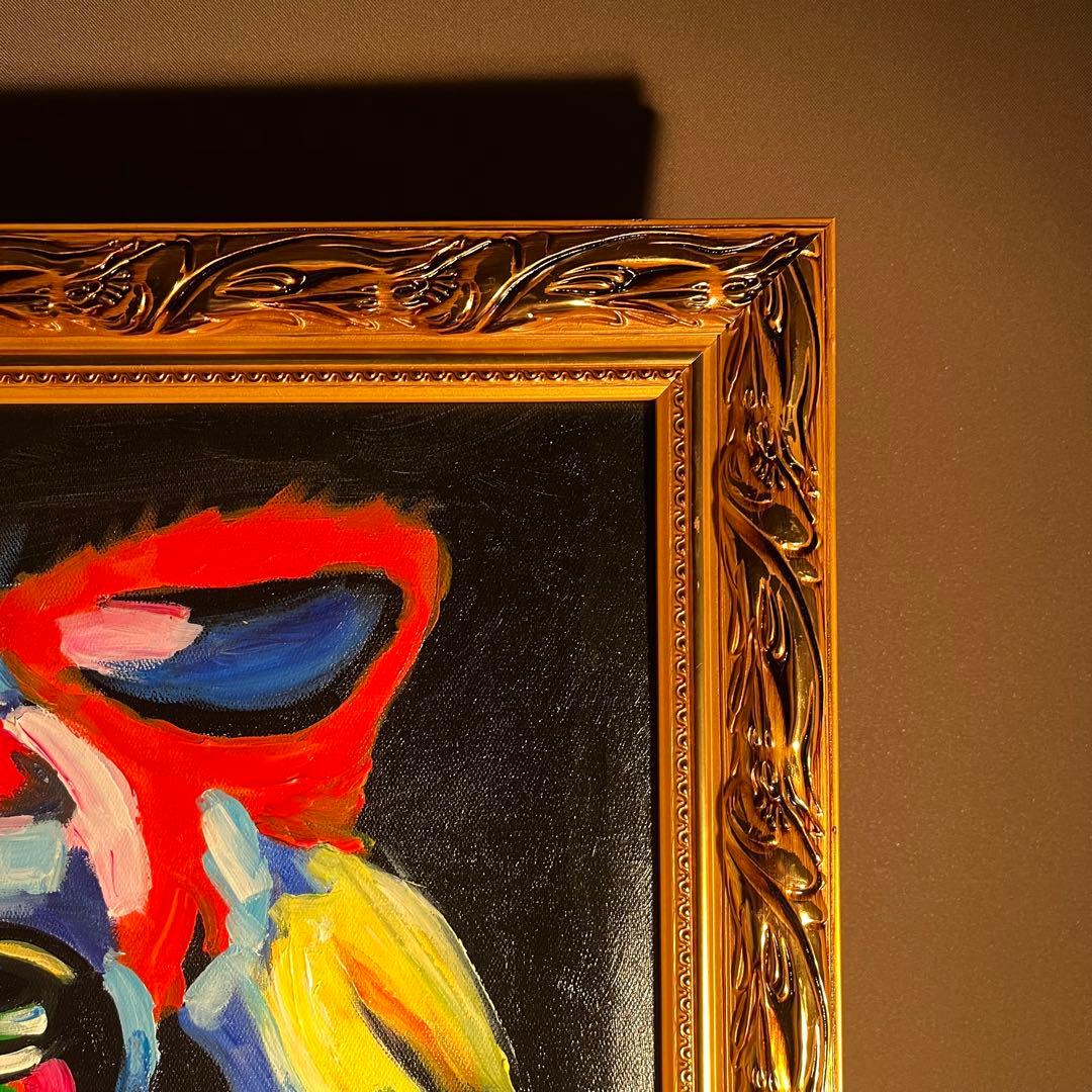 手書き油絵 七色のライオン 額付 肉筆絵画 インテリア 油彩画