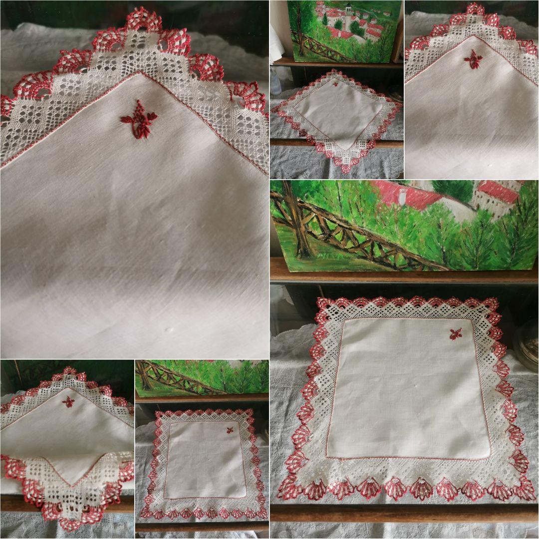 追加画像∵アンティーク ボビンレースフリル装飾 葡萄の花文字刺繍リネンクロス