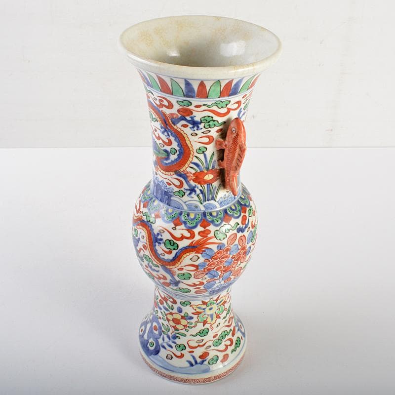 中国　大明萬暦年製款　赤絵　雲龍花文　双魚耳瓶　時代箱付　M　R7343