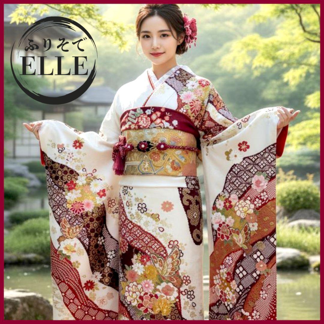 振袖フルセット(7点)・成人式・古典柄・金彩加工・金駒刺繍・地紋・絞り柄・正絹