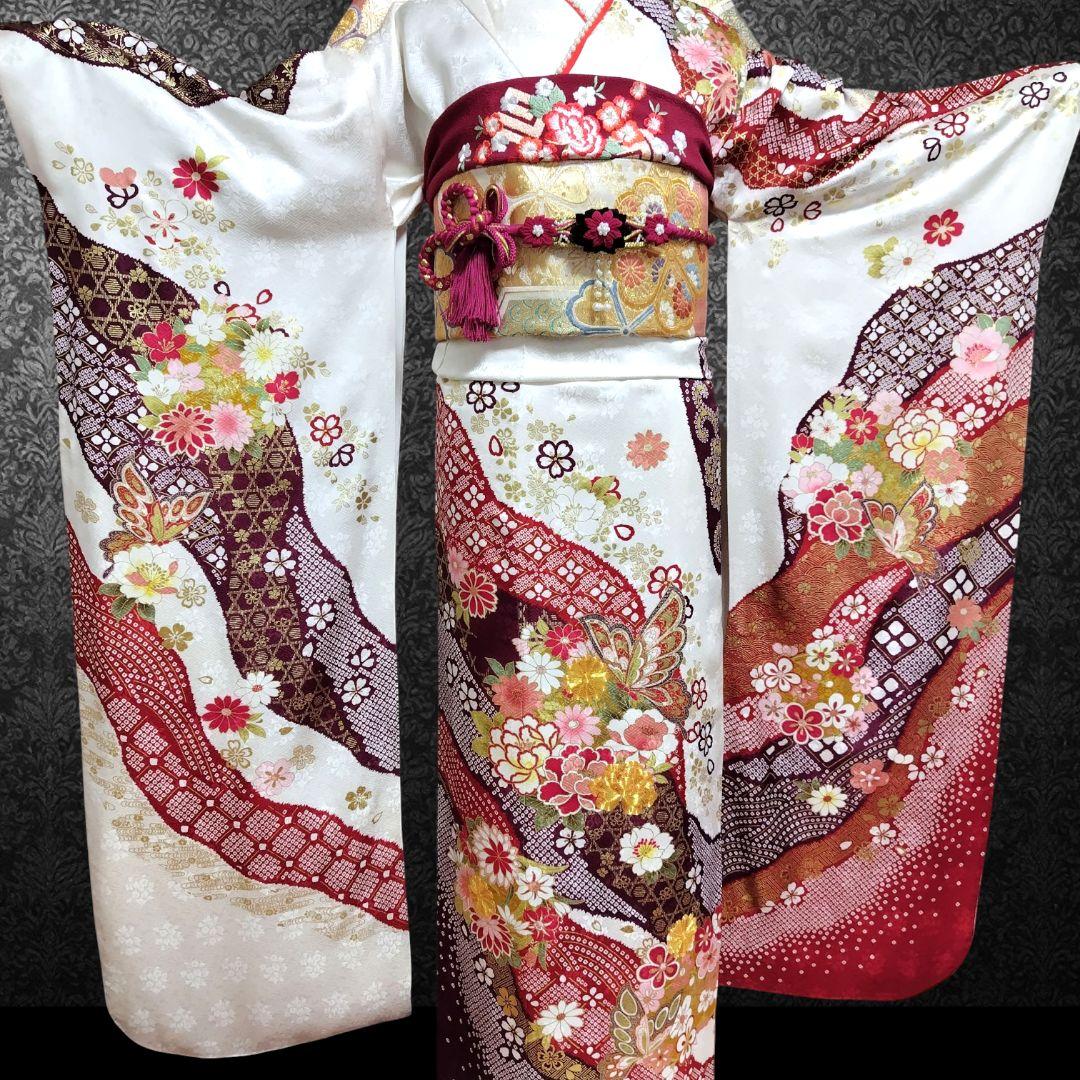 振袖フルセット(7点)・成人式・古典柄・金彩加工・金駒刺繍・地紋・絞り柄・正絹