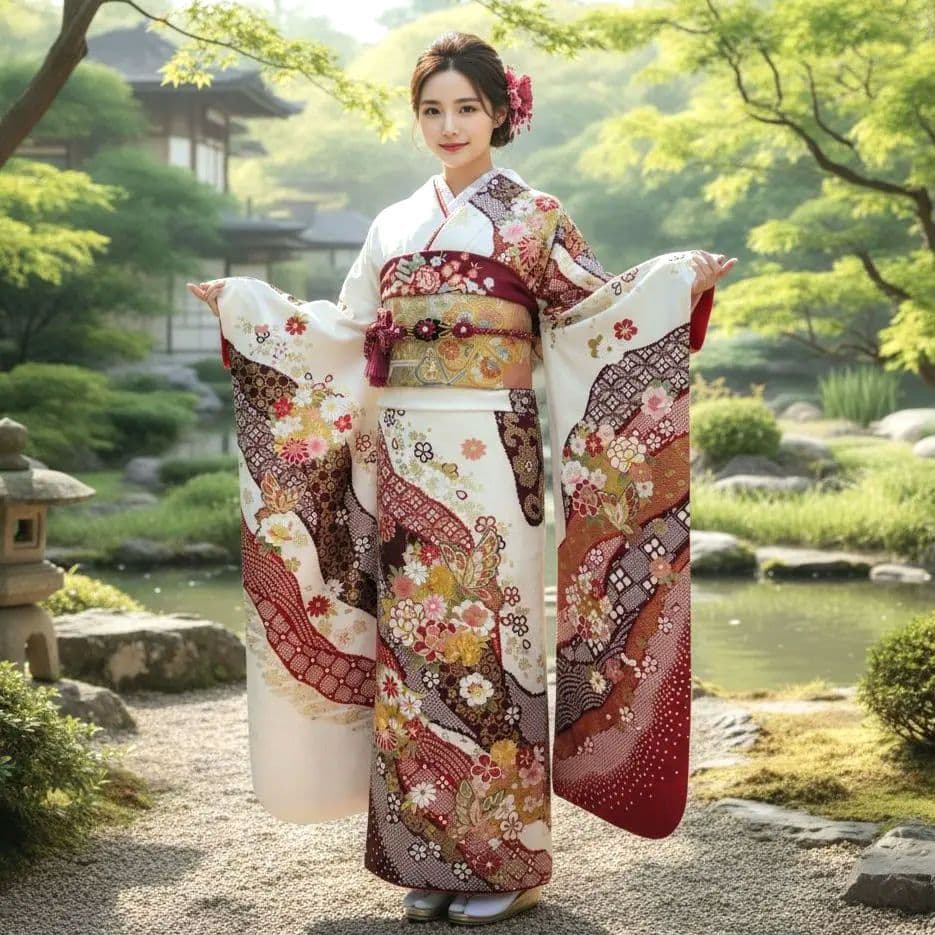 振袖フルセット(7点)・成人式・古典柄・金彩加工・金駒刺繍・地紋・絞り柄・正絹