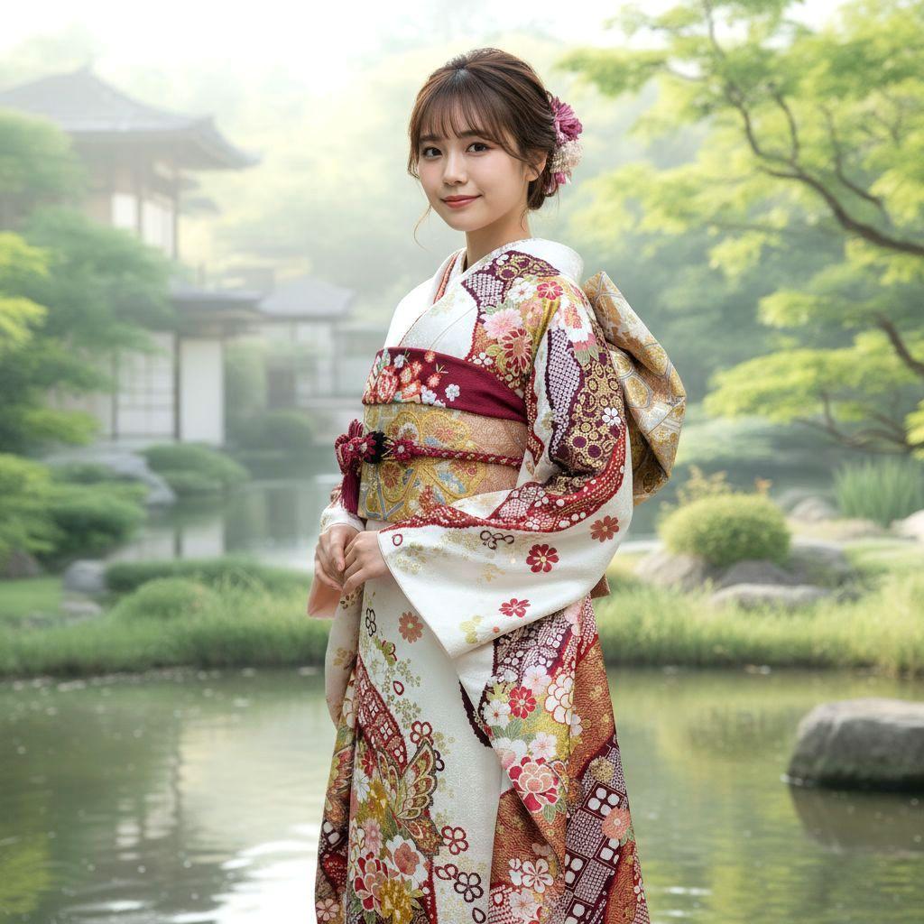 振袖フルセット(7点)・成人式・古典柄・金彩加工・金駒刺繍・地紋・絞り柄・正絹