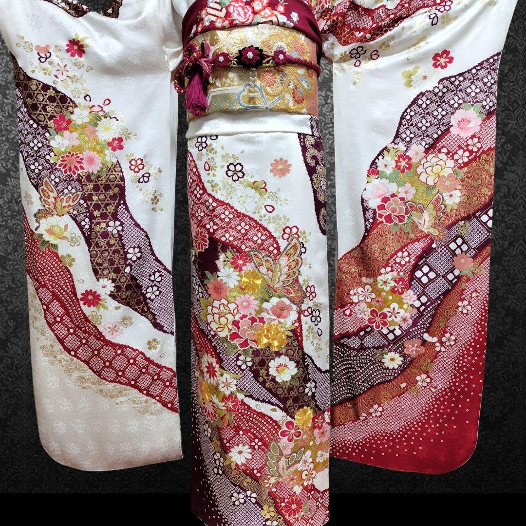 振袖フルセット(7点)・成人式・古典柄・金彩加工・金駒刺繍・地紋・絞り柄・正絹