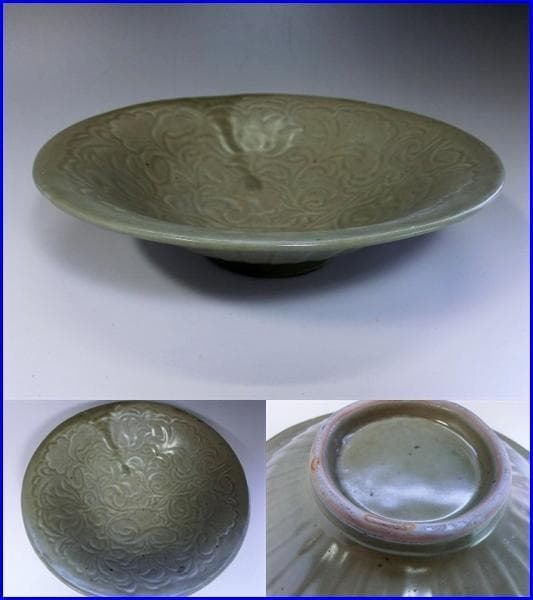 鉢■高麗青磁鉢 印花陽刻牡丹文 古い平鉢 古皿 大皿 古玩 唐草紋 時代物 骨董