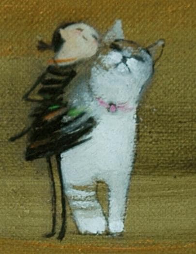 油絵 菅家令子 絵 絵画インテリア額付(銀) F3-030919 子猫子犬女の子