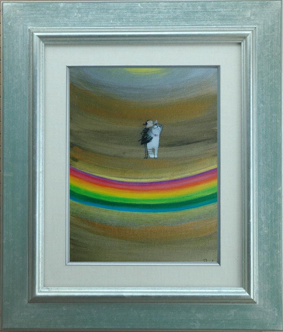 油絵 菅家令子 絵 絵画インテリア額付(銀) F3-030919 子猫子犬女の子