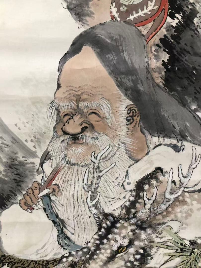 掛け軸　倉田松涛［福禄寿］人物 紙本　堆朱軸先！33