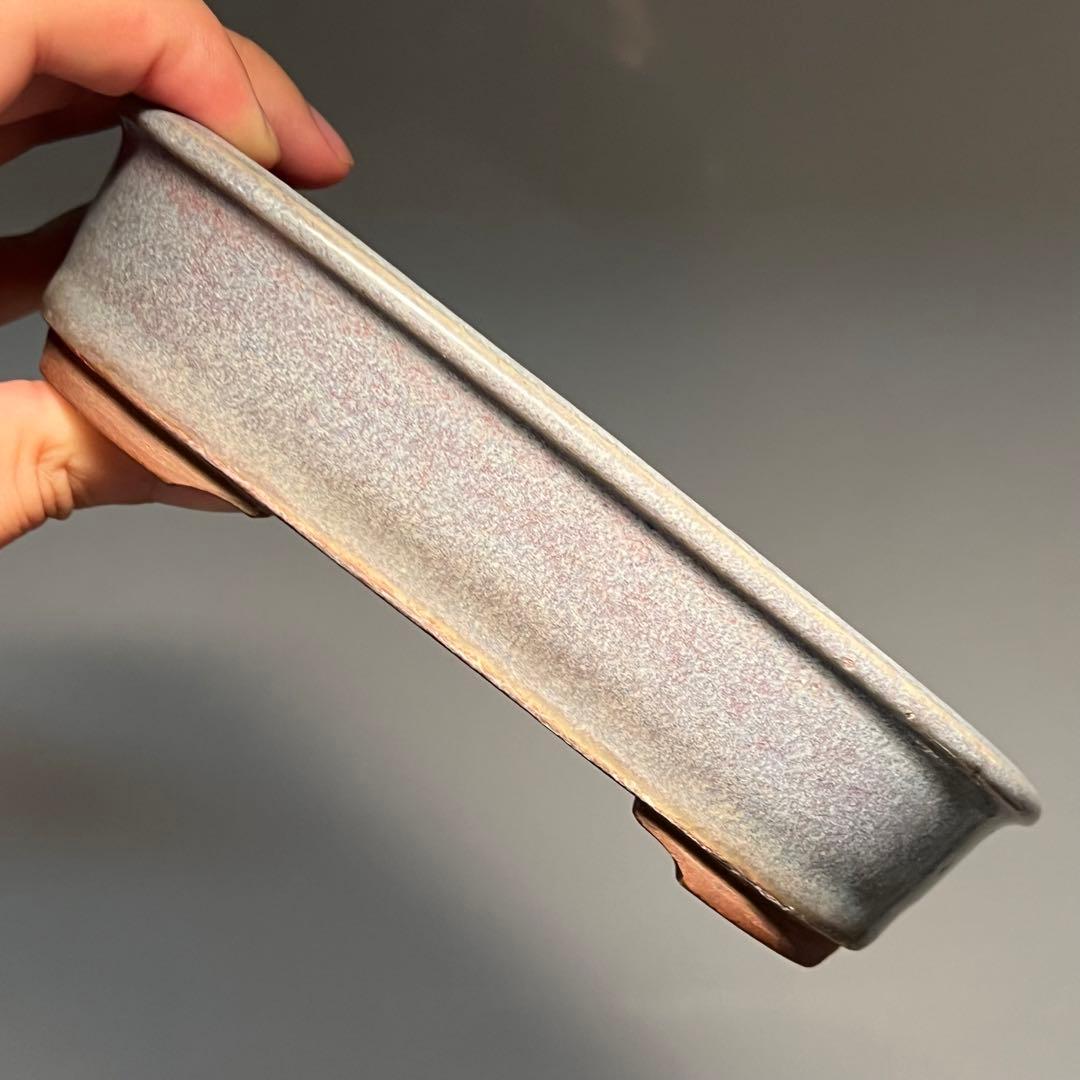 831.虹泉 紫釉抚角段足長方 盆栽鉢 植木鉢 16.8*13.3*4cm