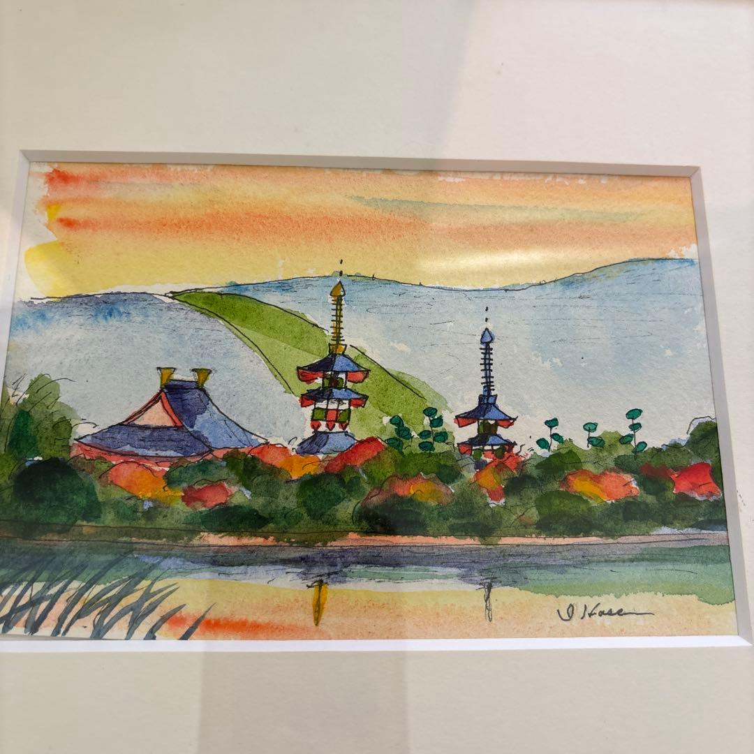 長谷岩友　水彩画 風景画 木製フレーム付き 約23cm x 17cm
